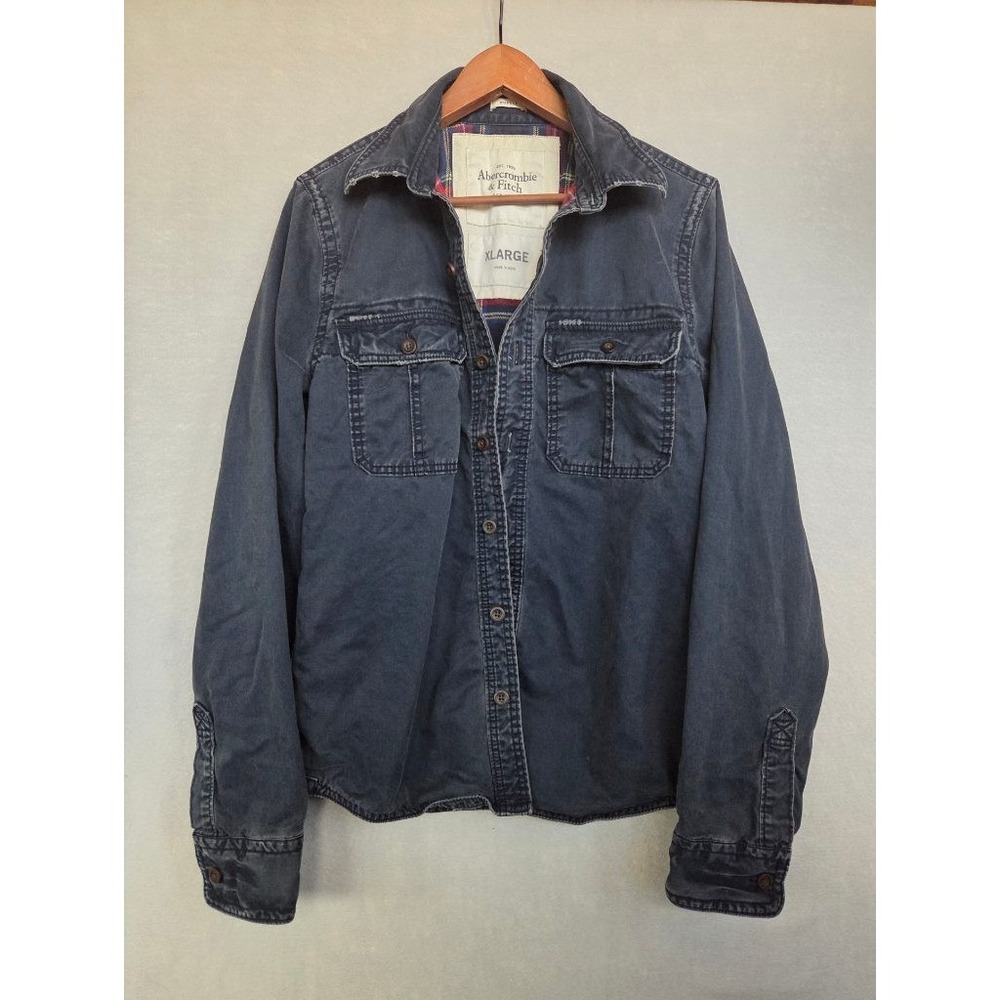 Abercrombie & Fitch Flannel Lined Shirt Jacket Mens XL Navy Distressed Workwear